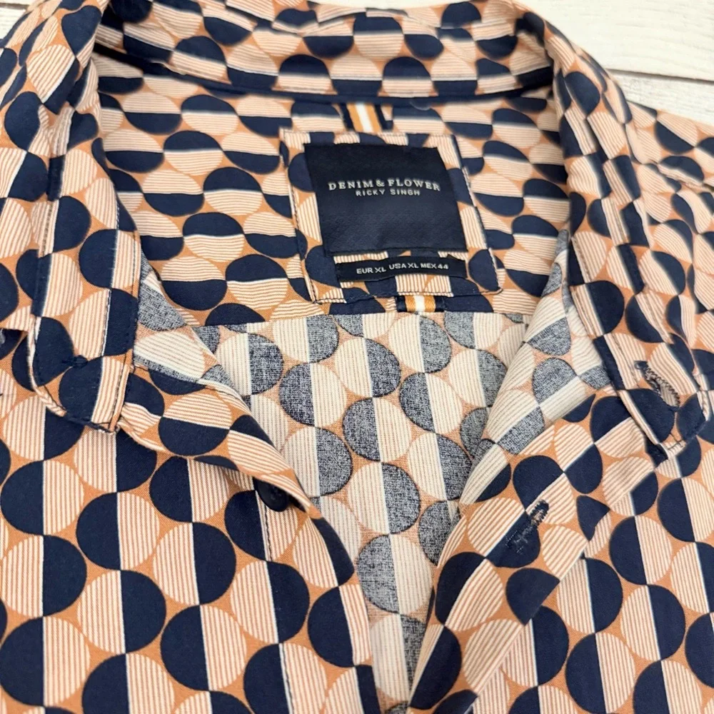 🌾 Denim & Flower Geometric Patterned Shirt in Navy and‎ Orange